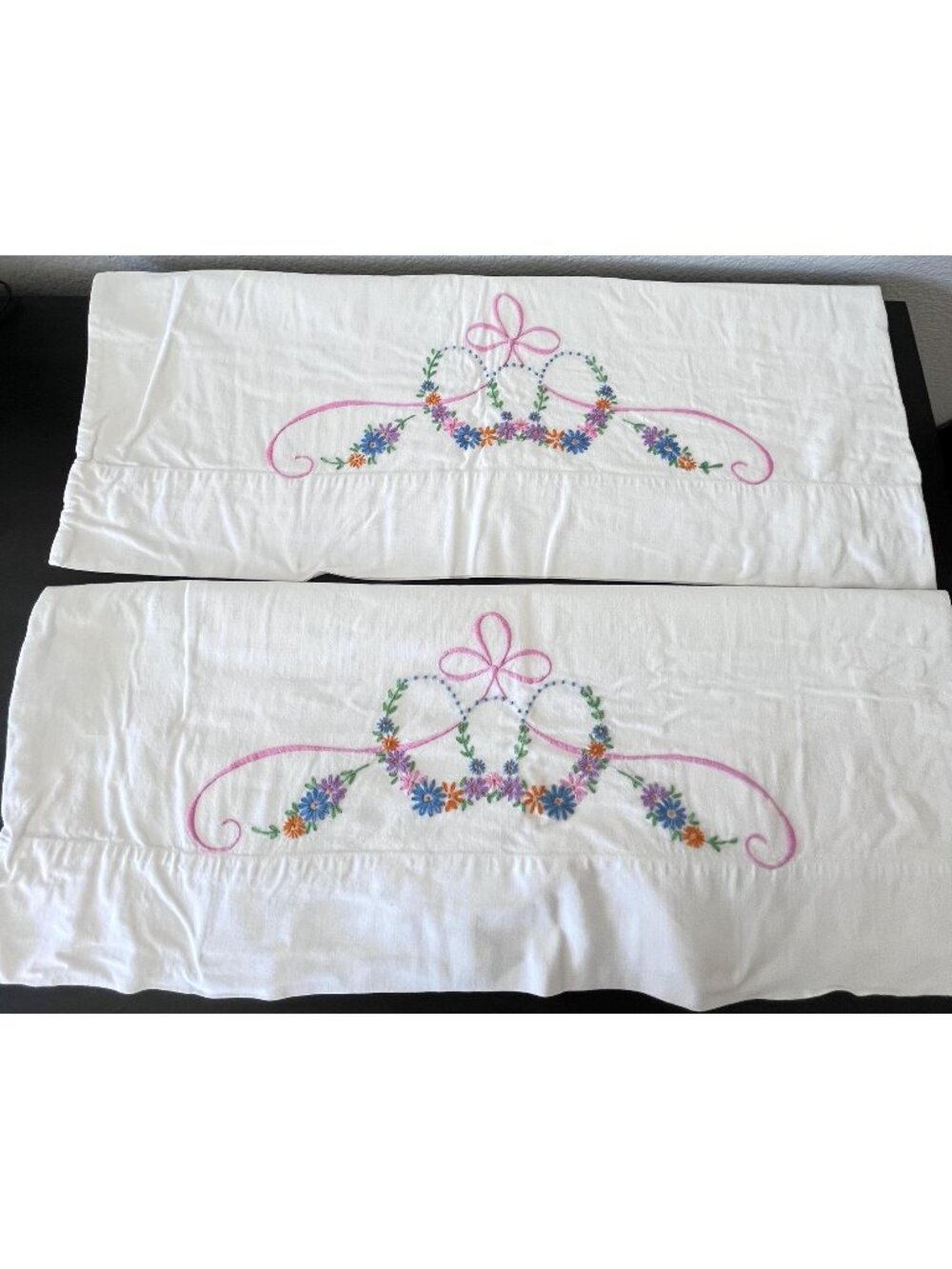 Vintage Embroidered Pillowcases Set of 2 // Pink Ribbon Floral Design // Cotton